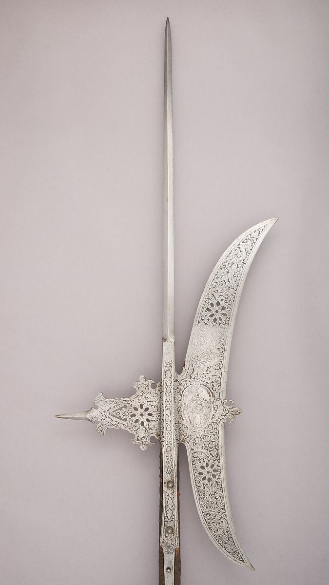 Halberd, Steel, wood, brass, textile (velvet), Italian 