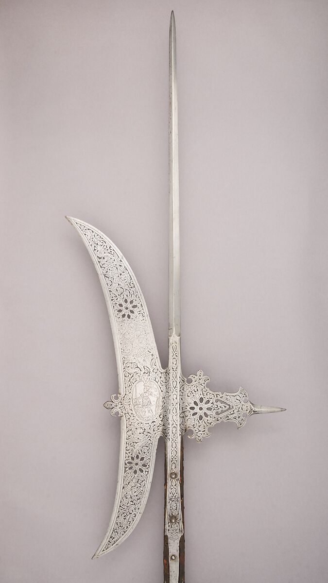 Halberd, Steel, wood, brass, textile (velvet), Italian
