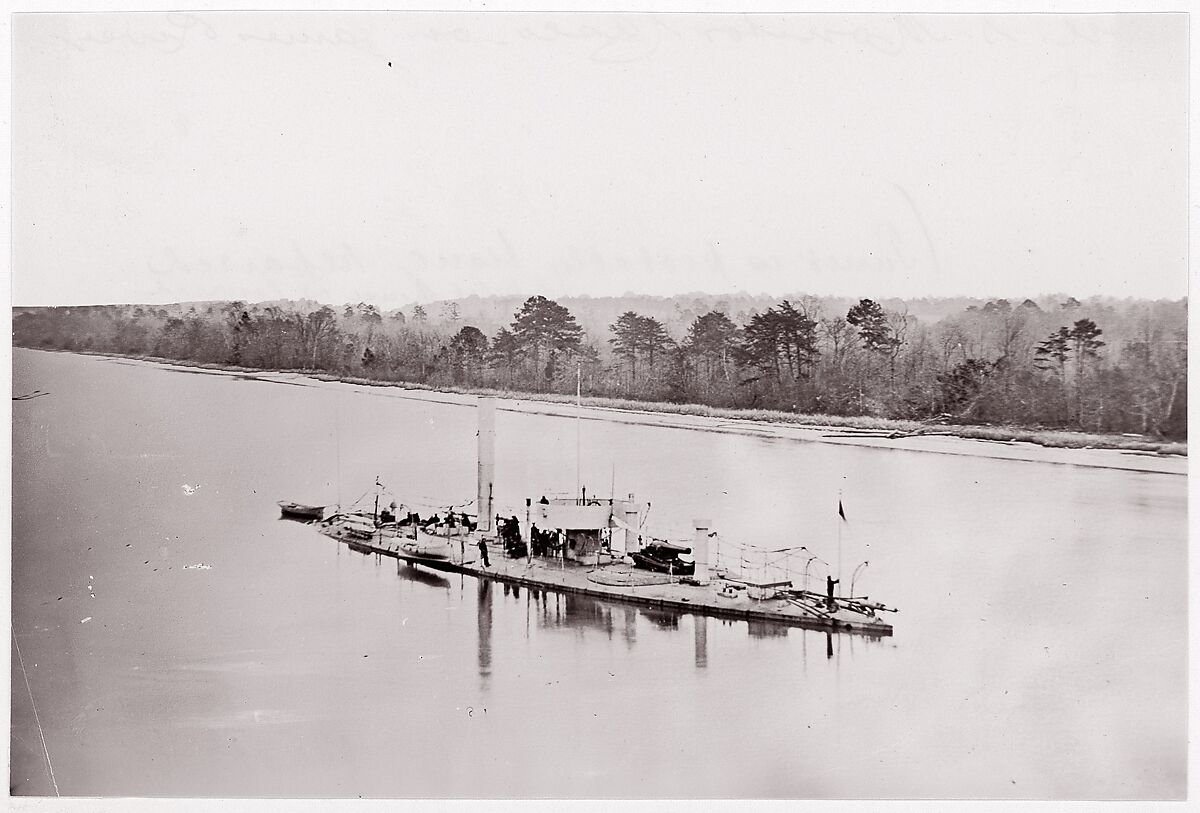 U.S. Monitor "Casco" on James River, taken from a lookout tower on bank., Unknown (American), Albumen silver print from glass negative 