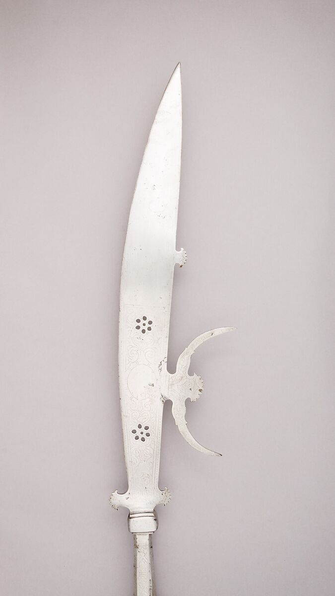 Fauchard, Steel, wood (ash), textile (velvet, silk), metallic thread, brass, Italian