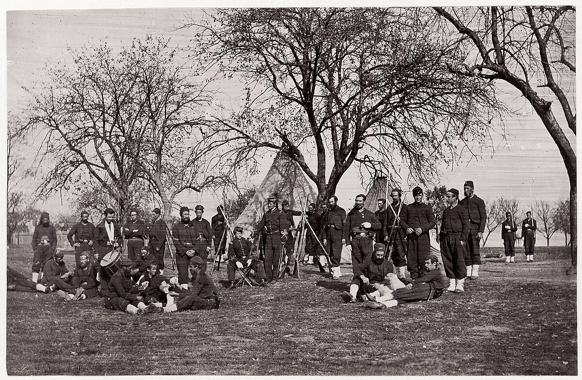 [Zouave Unit of 164th New York Infantry Beneath Trees in Tented Camp], Unknown (American), Albumen silver print from glass negative 