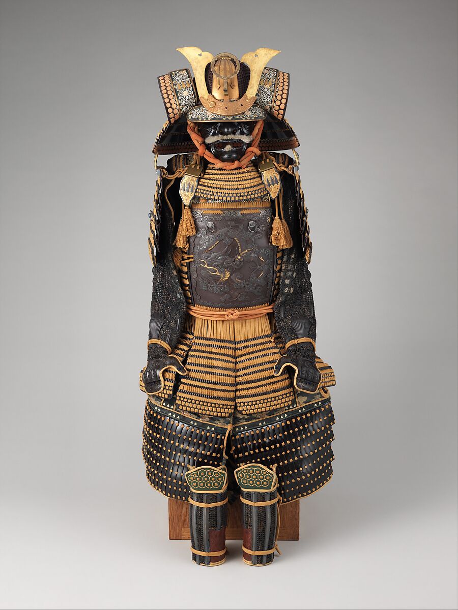 Armor (<i>Gusoku</i>), Iron, lacquer, gold, silver, copper alloy, leather, silk, Japanese 