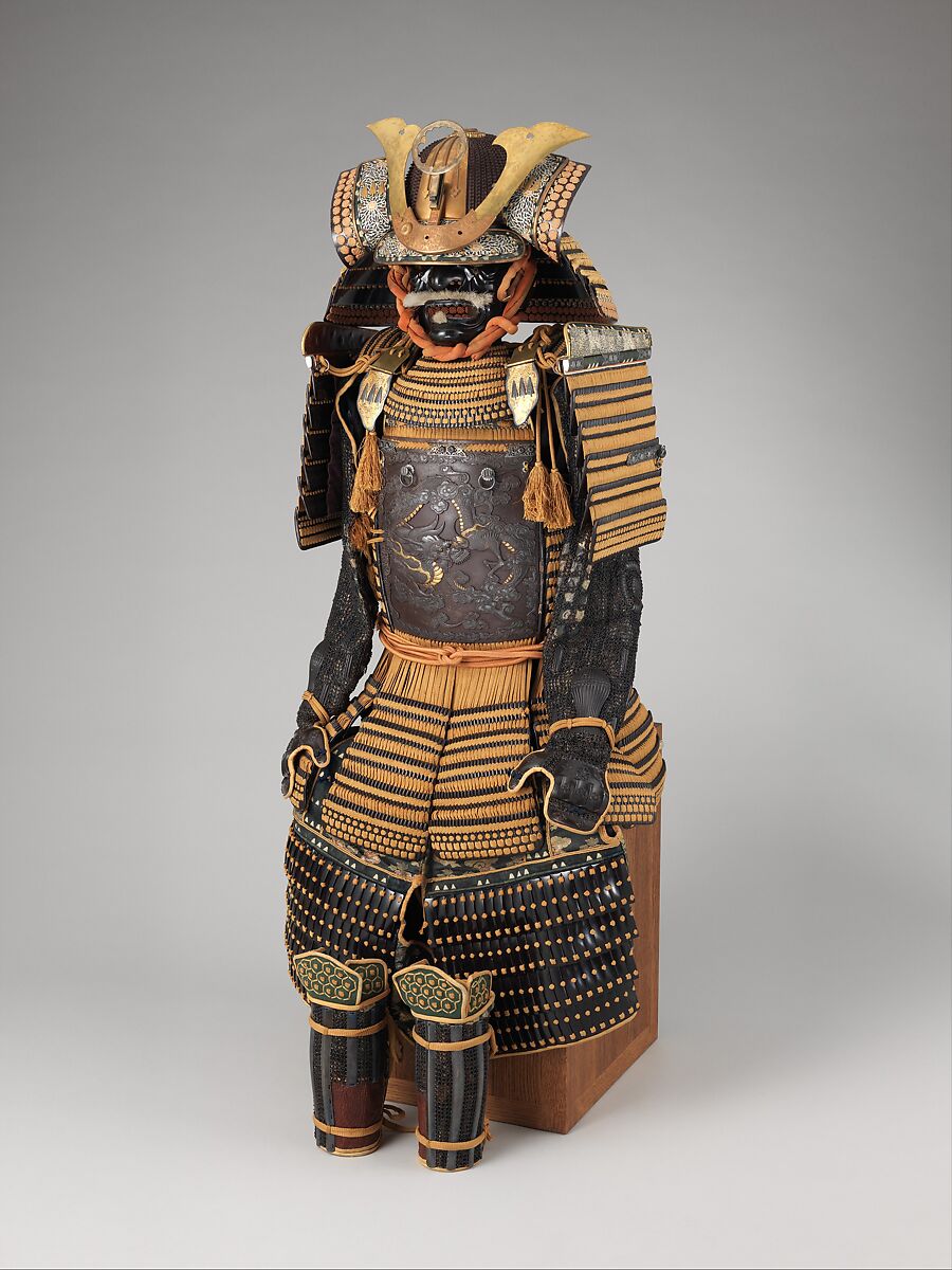 Armor (<i>Gusoku</i>), Iron, lacquer, gold, silver, copper alloy, leather, silk, Japanese