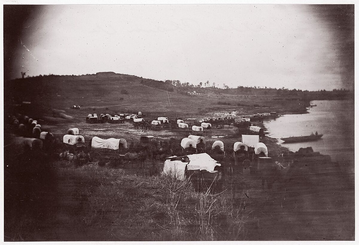 [Wagons Below Confederate Entrenchments, Belle Plain, Virginia], Possibly by Timothy H. O&#39;Sullivan (American, born Ireland, 1840–1882), Albumen silver print from glass negative 