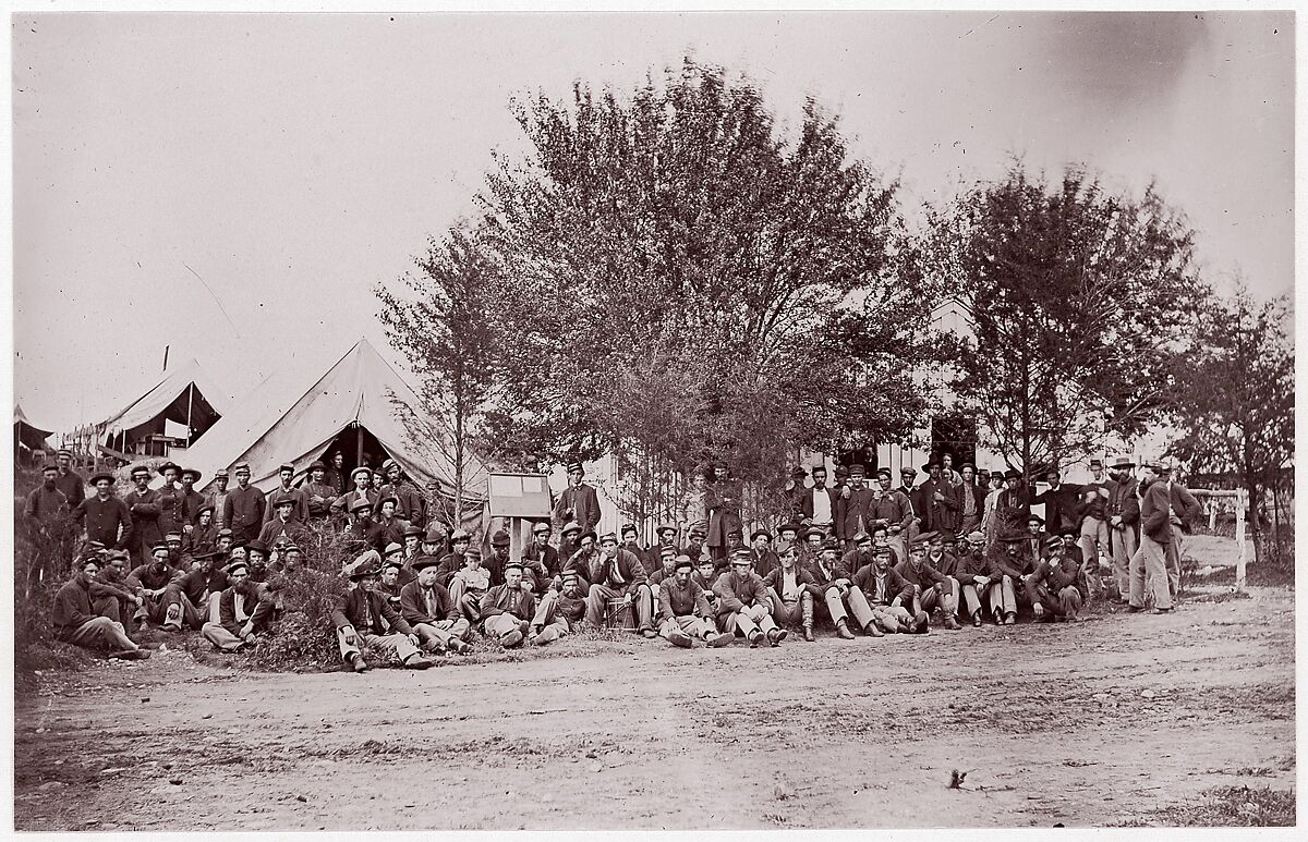 [Unidentified Company of Soldiers at Ease, Seated on Ground in Tented Camp], Unknown (American), Albumen silver print from glass negative 
