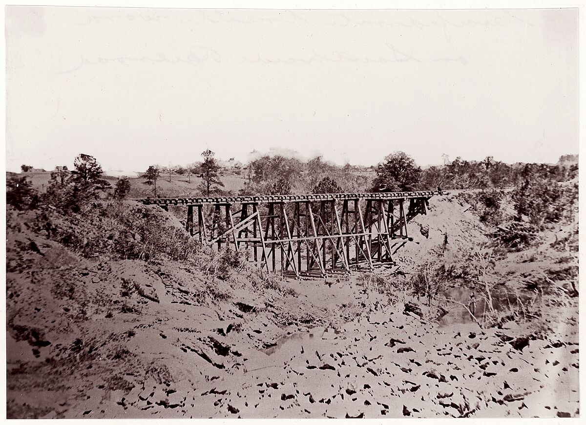 [Confederate Trestle Work on Southside Railroad, Virginia], Attributed to Andrew Joseph Russell (American, 1830–1902), Albumen silver print from glass negative 