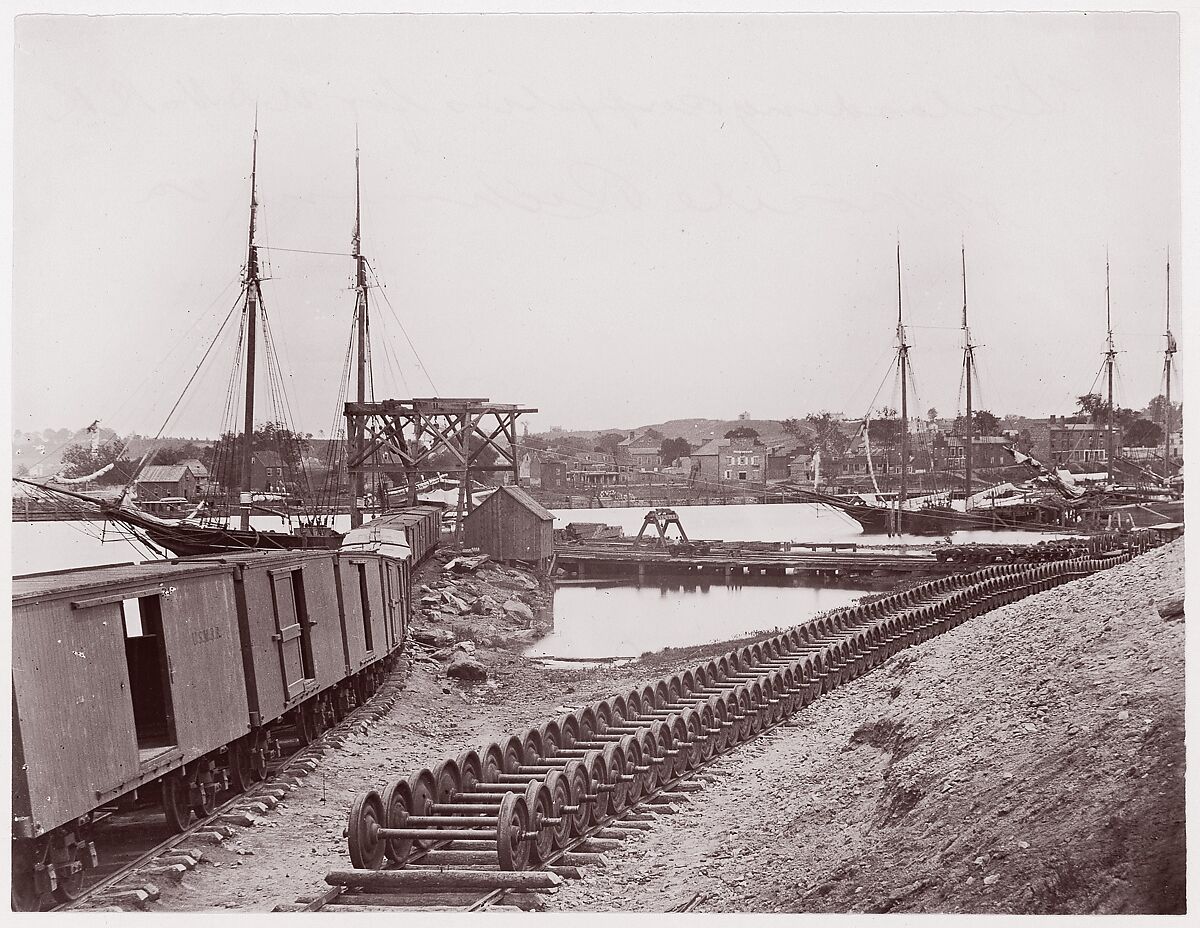 Unloading Supplies for U.S. Military Railroad opposite Richmond, Virginia, Unknown (American), Albumen silver print from glass negative 