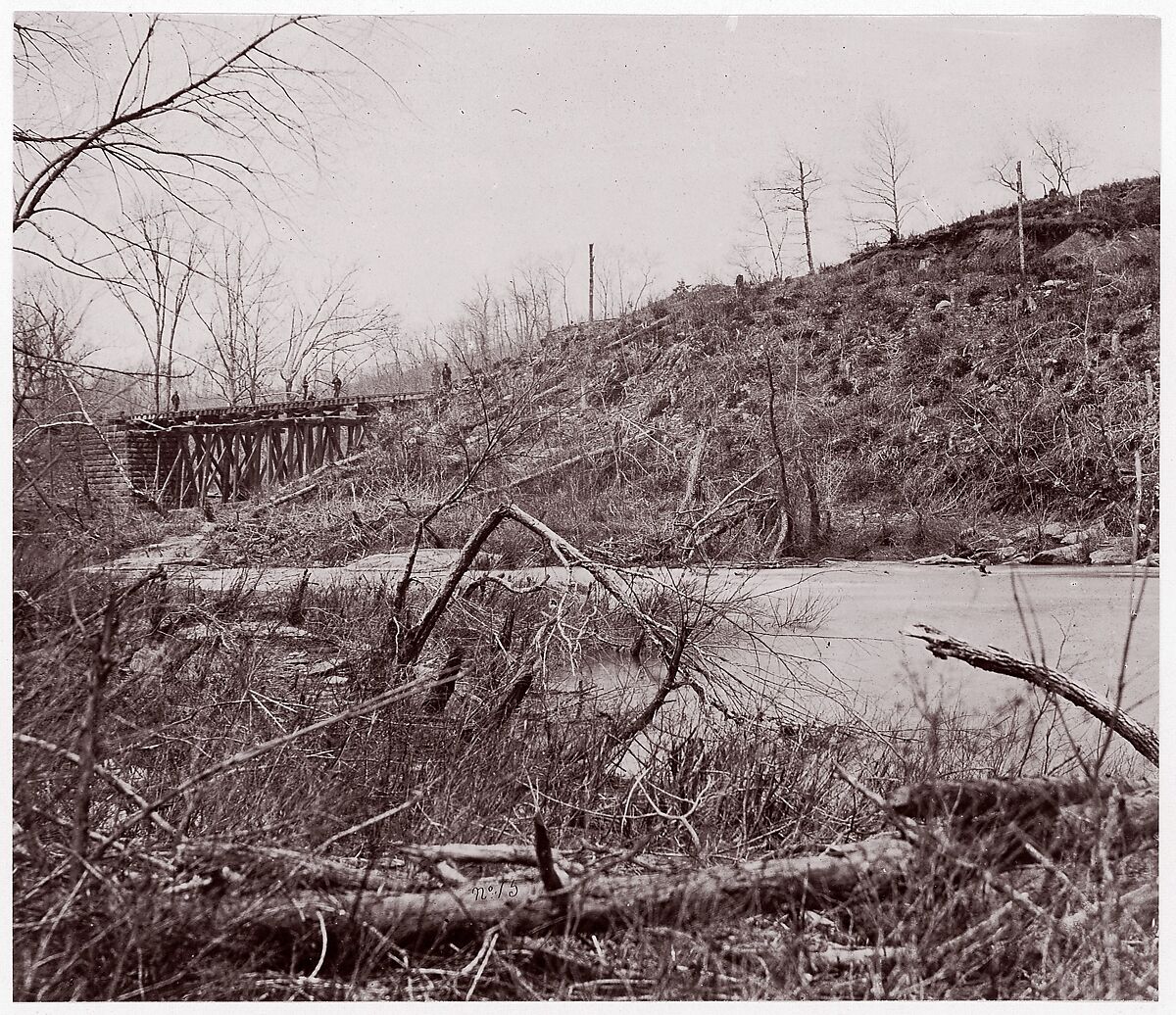 Bull Run. Bridge near Union Mills (destroyed seven times), Timothy H. O&#39;Sullivan (American, born Ireland, 1840–1882), Albumen silver print from glass negative 