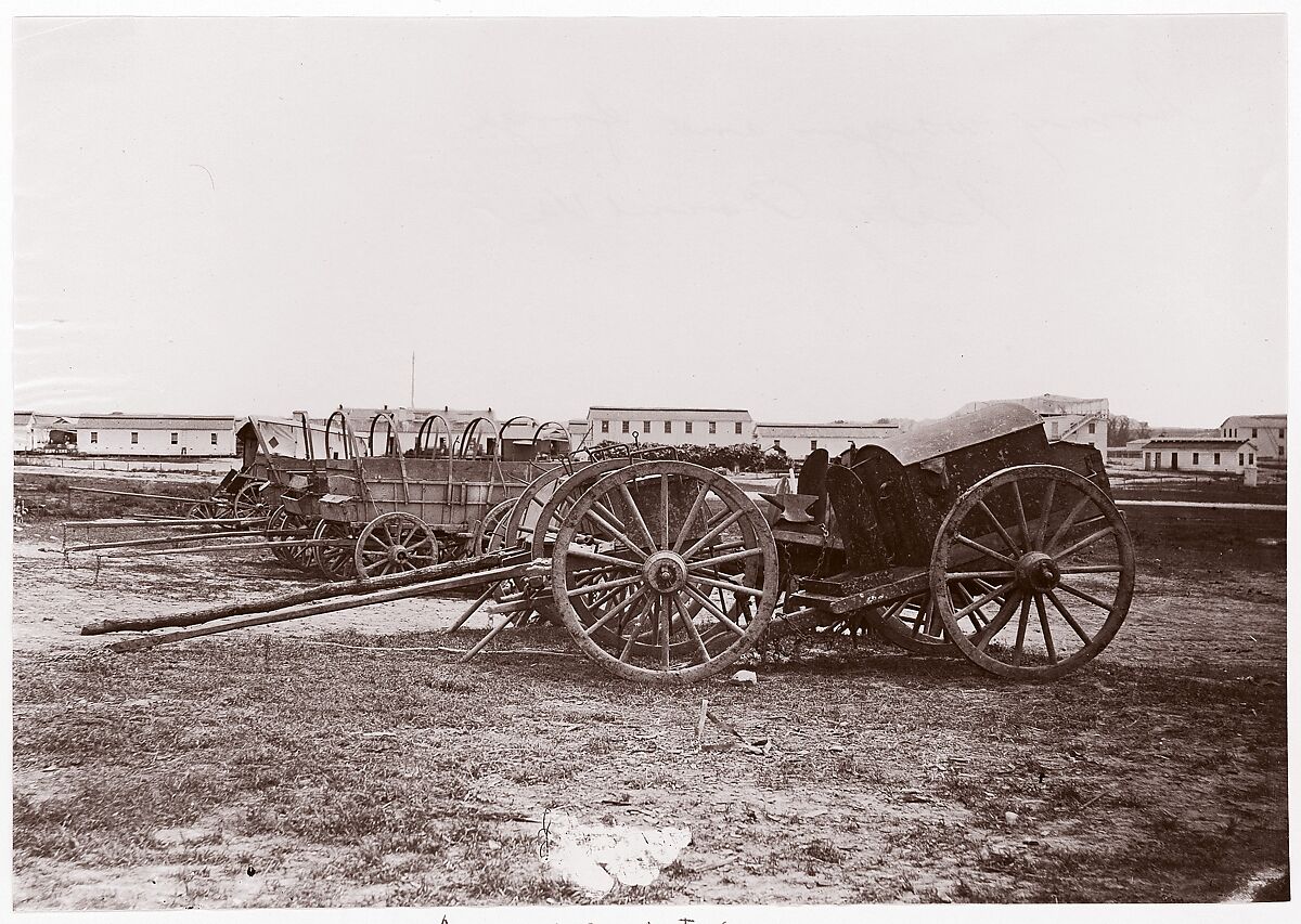 [Army Wagons and Forge, City Point, Virginia], Attributed to Andrew Joseph Russell (American, 1830–1902), Albumen silver print from glass negative 