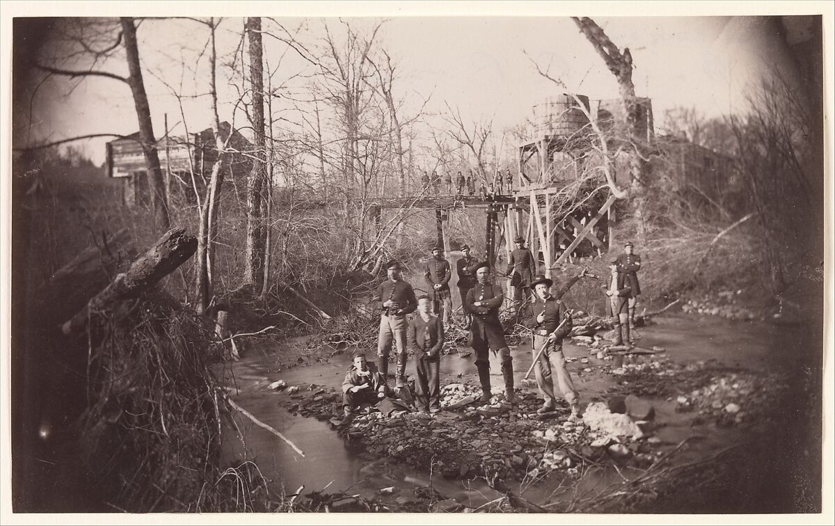 [Soldiers in Creek, Below Orange and Alexandria Rail Road Bridge Across Bull Run, Virginia], Attributed to Andrew Joseph Russell (American, 1830–1902), Albumen silver print from glass negative 