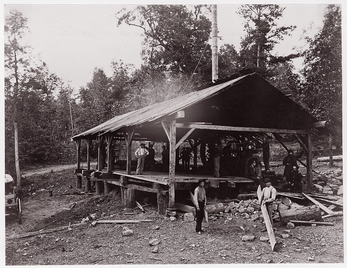 [Workers and Soldiers at Government Saw Mill, Chattanooga (?), Tennessee], Attributed to Andrew Joseph Russell (American, 1830–1902), Albumen silver print from glass negative 