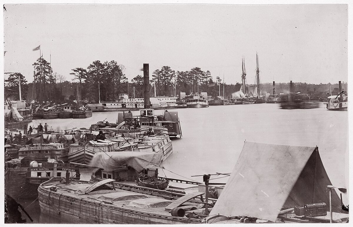 [Barges, Steamers, and Transports, White House Landing, Pamunkey River, Virginia], Attributed to Timothy H. O&#39;Sullivan (American, born Ireland, 1840–1882), Albumen silver print from glass negative 