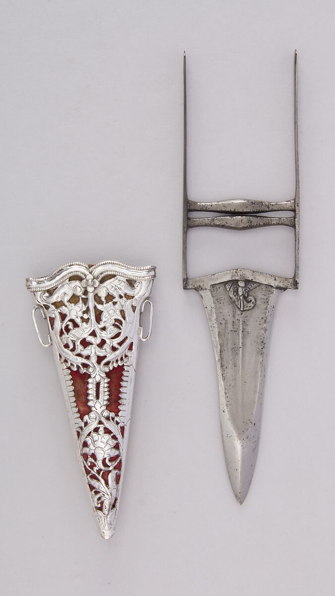 Dagger (Katar) with Sheath, Steel, silver, velvet, wood, Indian, Rajasthan; sheath, South Indian 