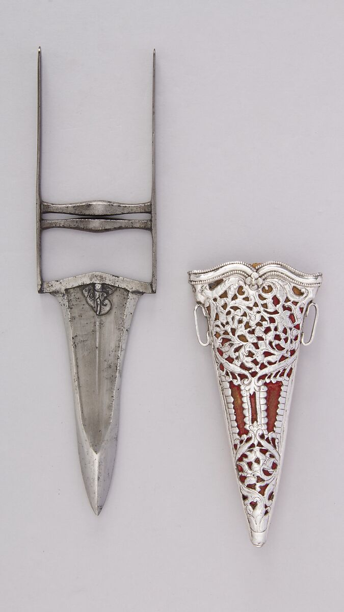 Dagger (Katar) with Sheath, Steel, silver, velvet, wood, Indian, Rajasthan; sheath, South Indian