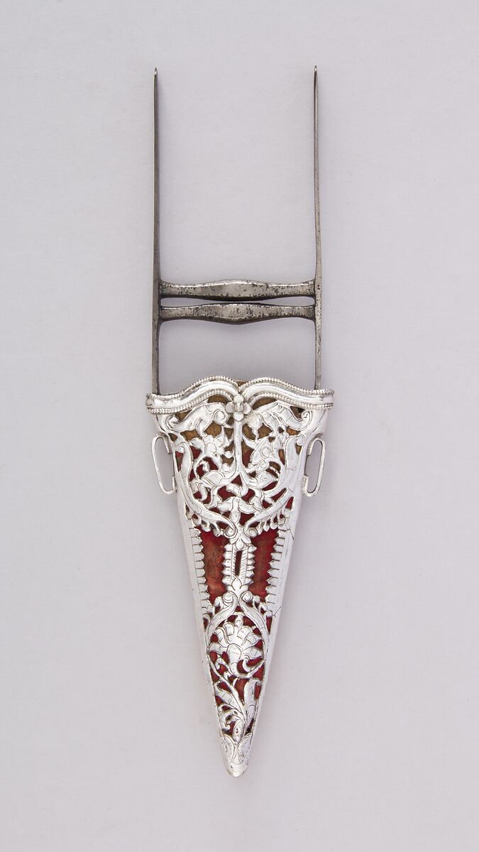 Dagger (Katar) with Sheath, Steel, silver, velvet, wood, Indian, Rajasthan; sheath, South Indian