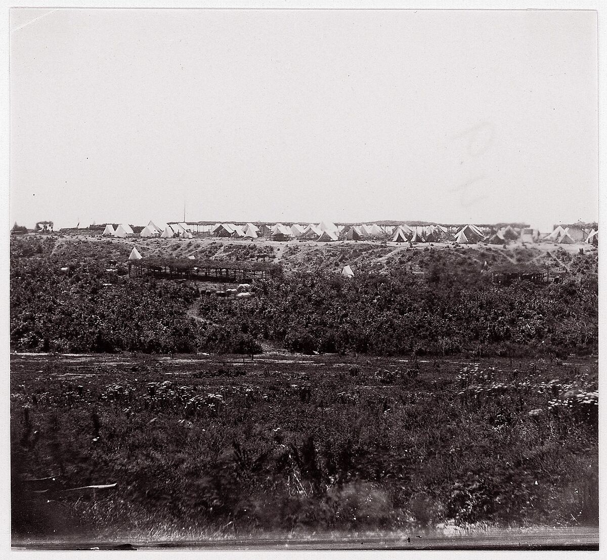 [Unidentified Union Army Encampment on a Bluff], Unknown (American), Albumen silver print from glass negative 
