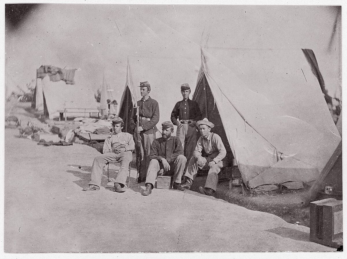 [Private James P. Bonnet and Unidentified Members of the 22nd New York State Militia in their Tent Camp, Near Harper's Ferry, Virginia], Mathew B. Brady (American, born Ireland, 1823?–1896 New York), Albumen silver print from glass negative 