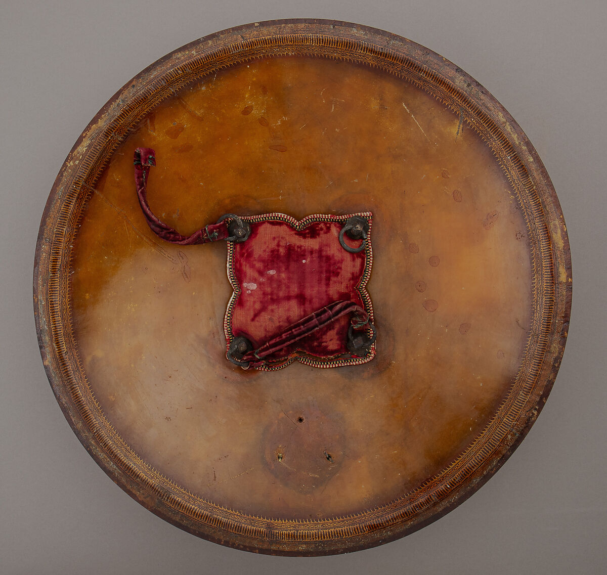 Shield, Hide, lacquer, gold, copper alloy, Indian
