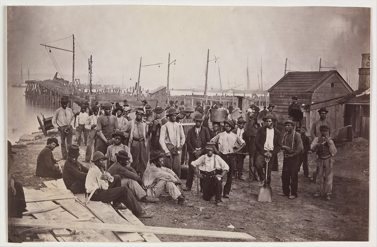 Laborers at Quartermaster's Wharf, Alexandria, Virginia, Attributed to Andrew Joseph Russell (American, 1830–1902), Albumen silver print from glass negative 