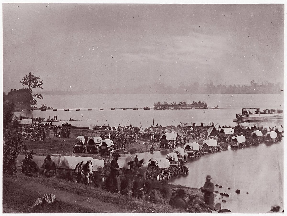 Wagon Train at Port Royal, Rappahannock River, Andrew Joseph Russell (American, 1830–1902), Albumen silver print from glass negative 