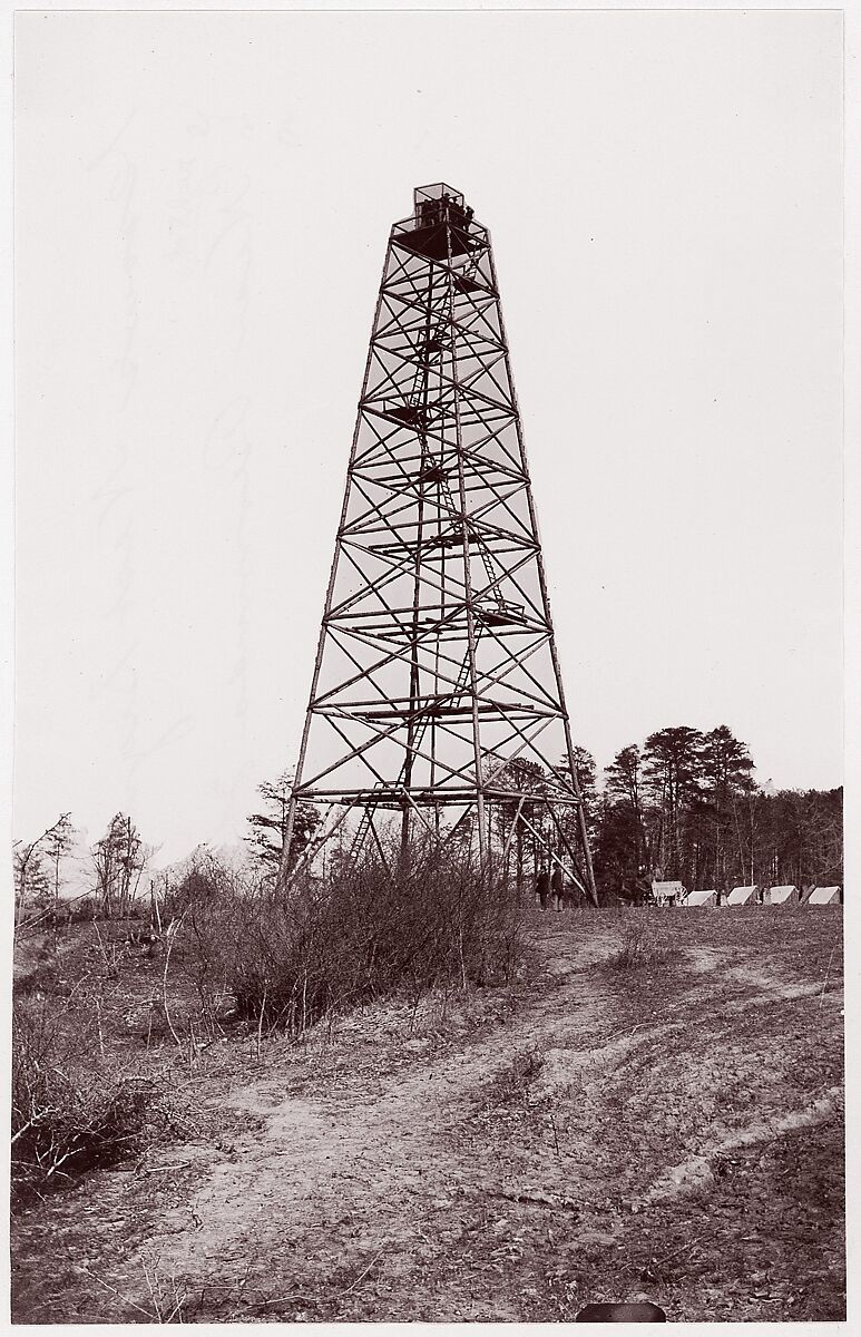 [Crow's Nest Signal Tower, Right of Bermuda Hundred, Virginia (Army of the James Signal Tower, Left of Bermuda Hundred Lines, Virginia)], Attributed to Andrew Joseph Russell (American, 1830–1902), Albumen silver print from glass negative 