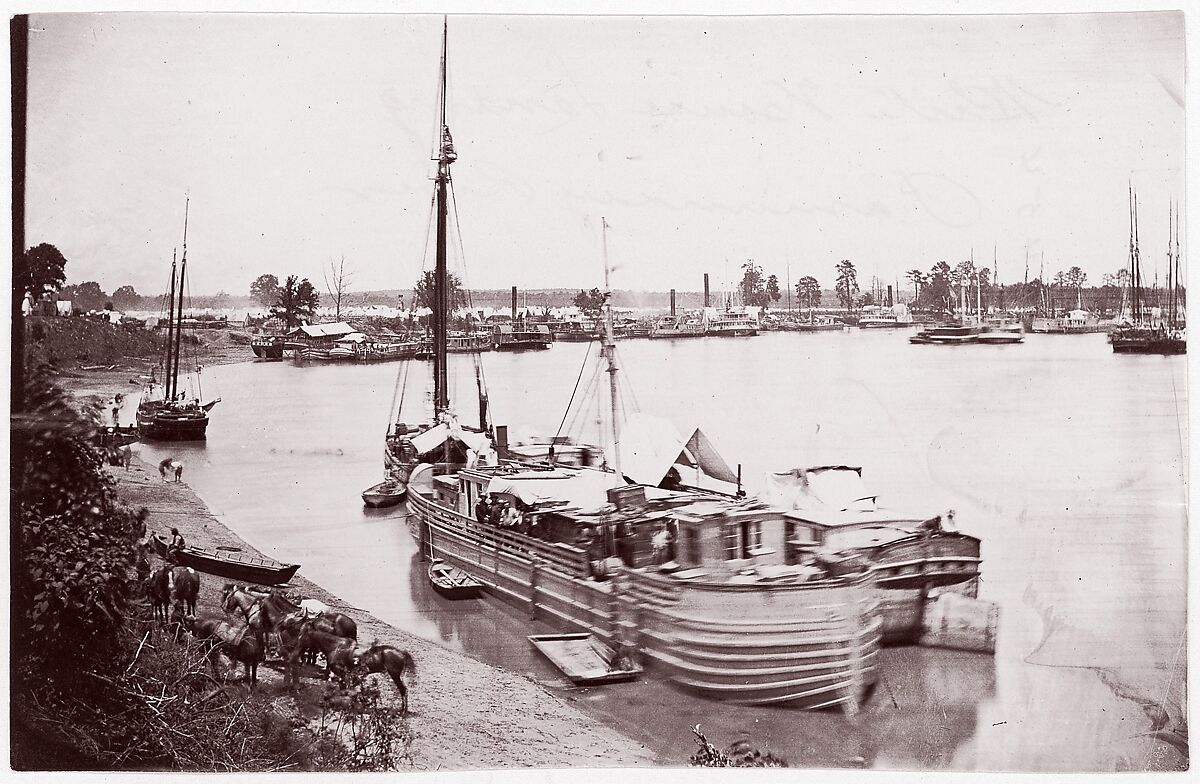 [Barges, Transports, and Horses, White House Landing, Pamunkey River, Virginia], Attributed to Timothy H. O&#39;Sullivan (American, born Ireland, 1840–1882), Albumen silver print from glass negative 