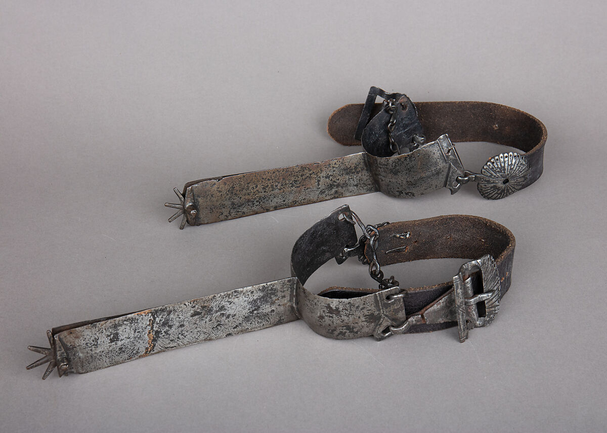 Pair of Hussar Rowel Spurs, Iron alloy, copper, leather, Hungarian
