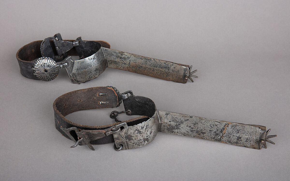 Pair of Hussar Rowel Spurs, Iron alloy, copper, leather, Hungarian