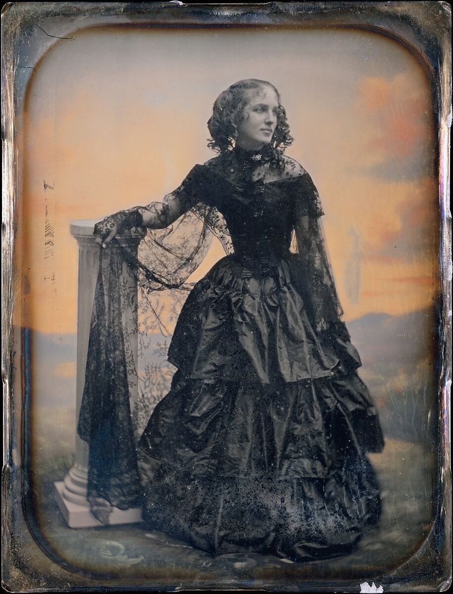 [Woman in Black Taffeta Dress and Lace Shawl], Southworth and Hawes (American, active 1843–1863), Daguerreotype with applied color 