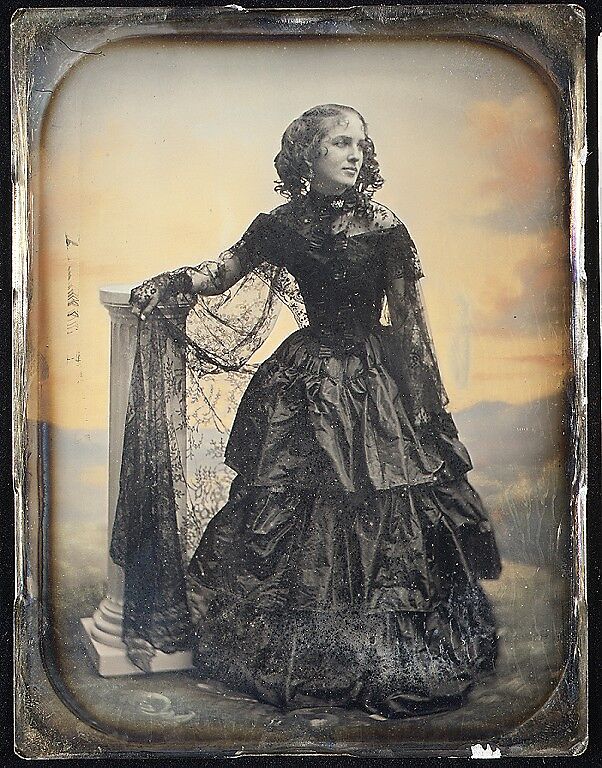 [Woman in Black Taffeta Dress and Lace Shawl], Southworth and Hawes (American, active 1843–1863), Daguerreotype with applied color