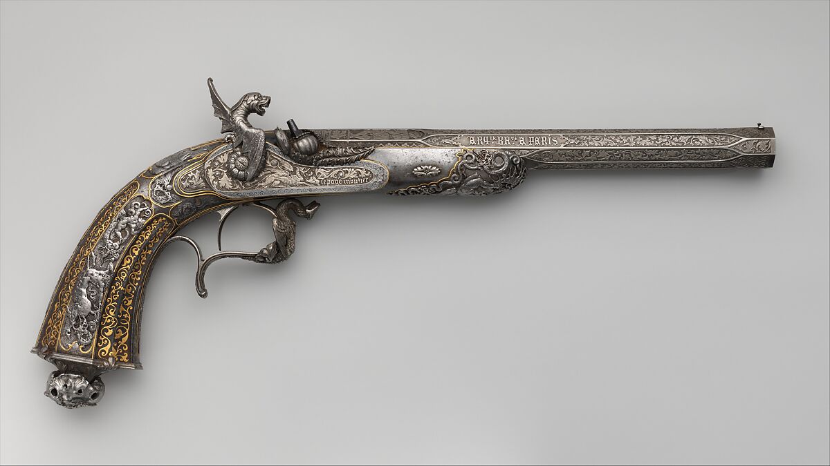 Percussion Exhibition Pistol, Signed by Gilles Michel Louis Moutier-Le Page (French,  1810–1887), Steel, gold, French 