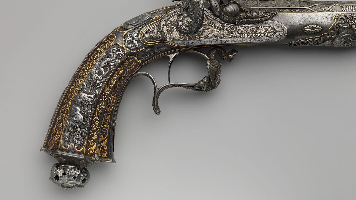 Percussion Exhibition Pistol, Signed by Gilles Michel Louis Moutier-Le Page (French,  1810–1887), Steel, gold, French