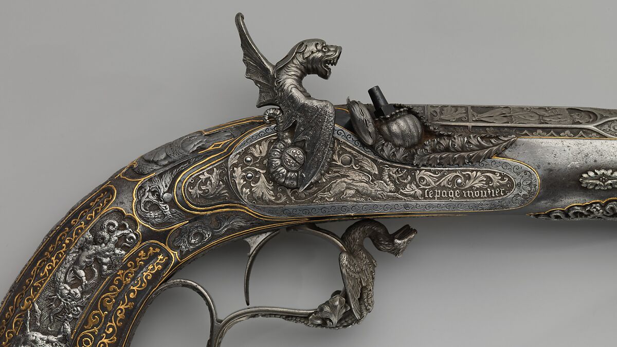 Percussion Exhibition Pistol, Signed by Gilles Michel Louis Moutier-Le Page (French,  1810–1887), Steel, gold, French