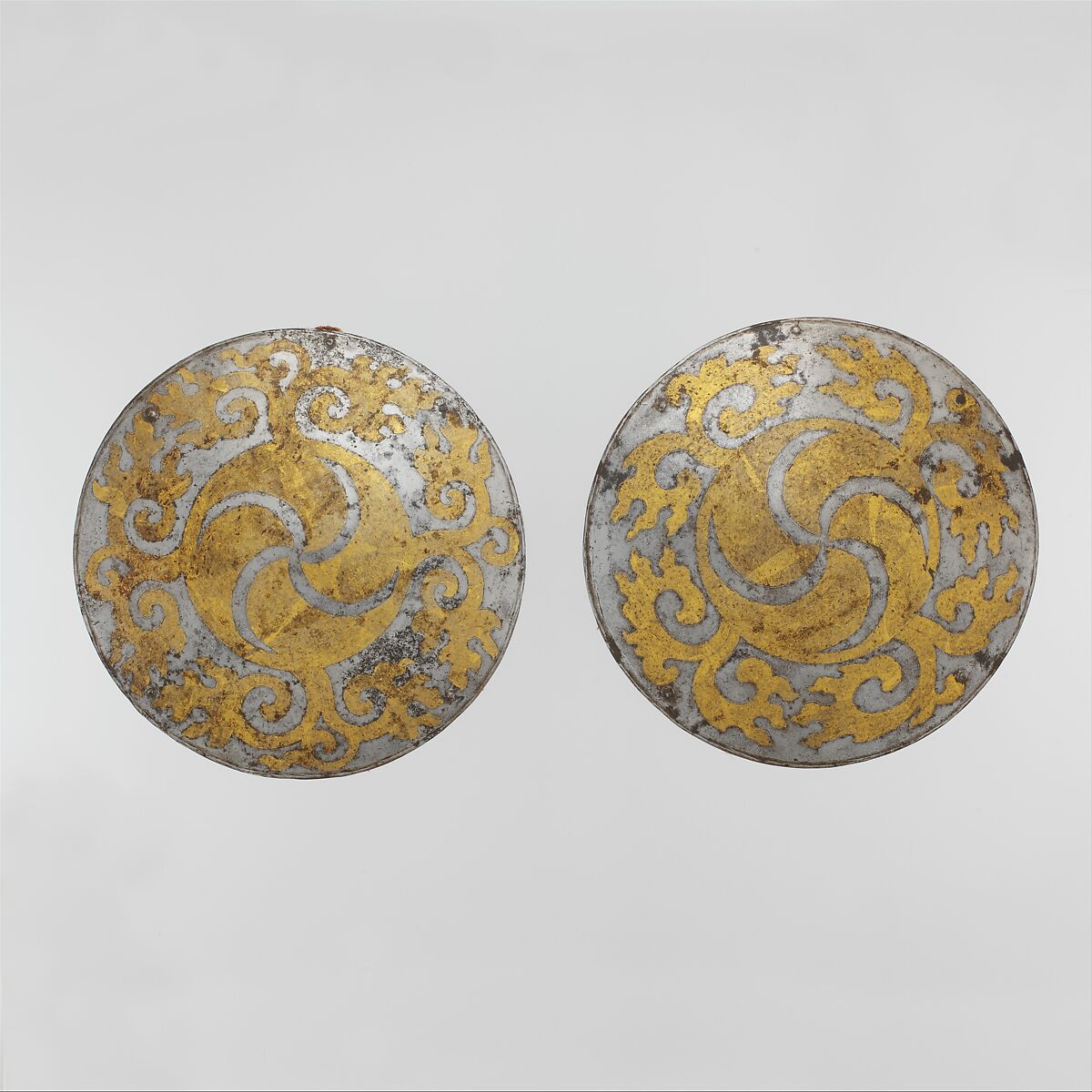 Breastplate and Backplate from a Set of "Four Mirrors", Iron, gold, leather, textile, probably Tibetan 