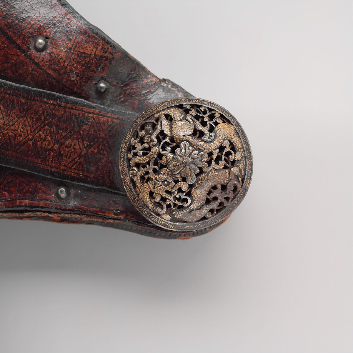 Bow Case, Quiver, and Belt (gzhu shubs dang mda' shubs), Leather, shellac, pigment, wood, iron, gold, Tibetan or Mongolian