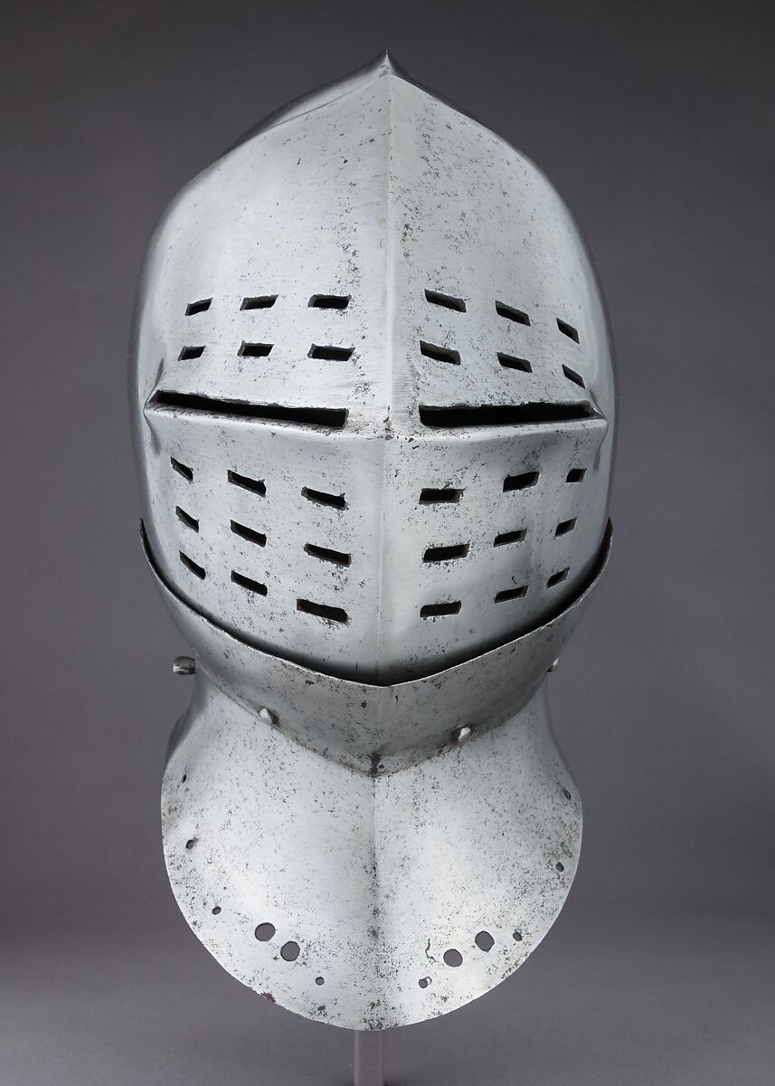 Foot-Combat Helm, Steel, leather, textile, copper alloy, possibly British or Flemish
