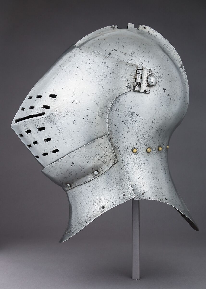 Foot-Combat Helm, Steel, leather, textile, copper alloy, possibly British or Flemish