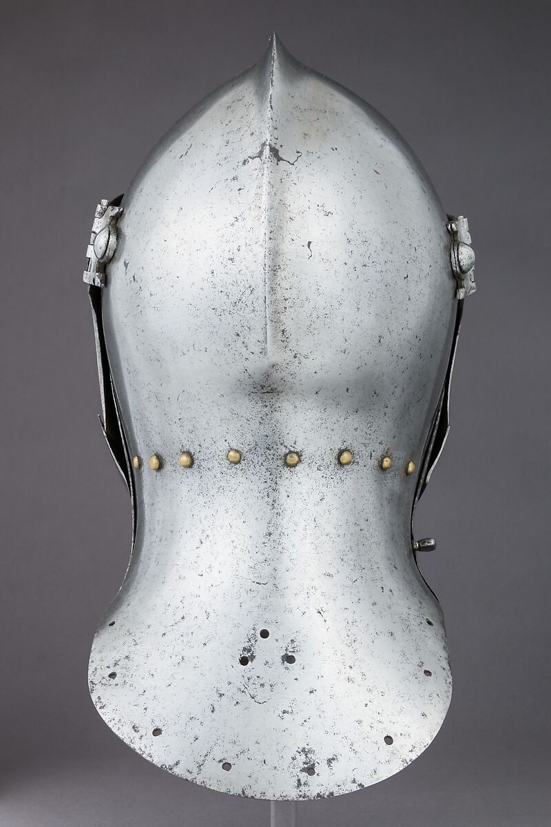 Foot-Combat Helm, Steel, leather, textile, copper alloy, possibly British or Flemish