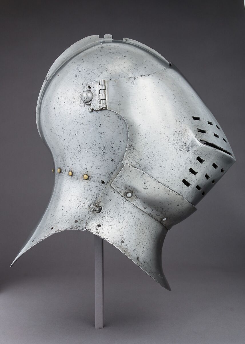Foot-Combat Helm, Steel, leather, textile, copper alloy, possibly British or Flemish