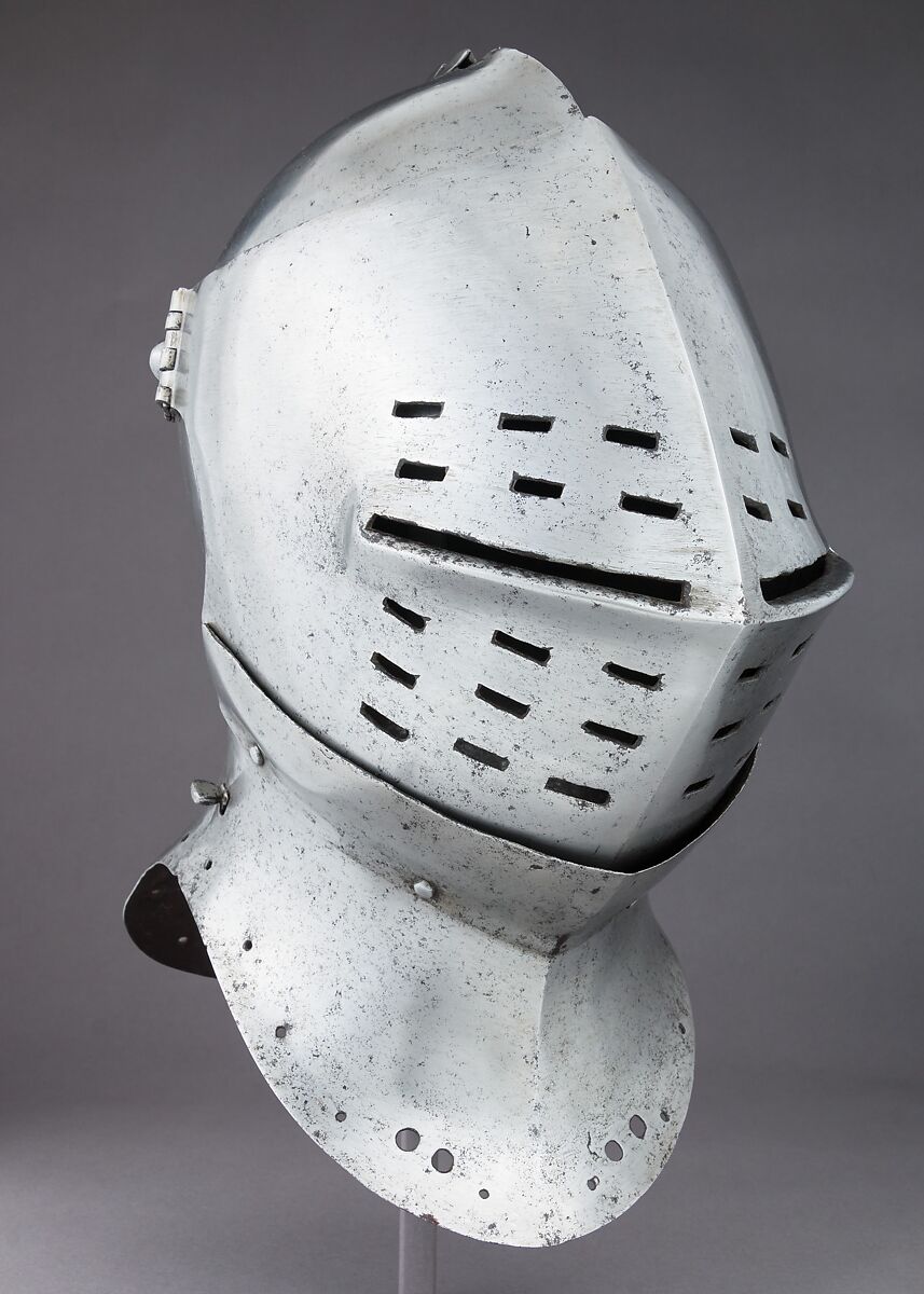 Foot-Combat Helm, Steel, leather, textile, copper alloy, possibly British or Flemish