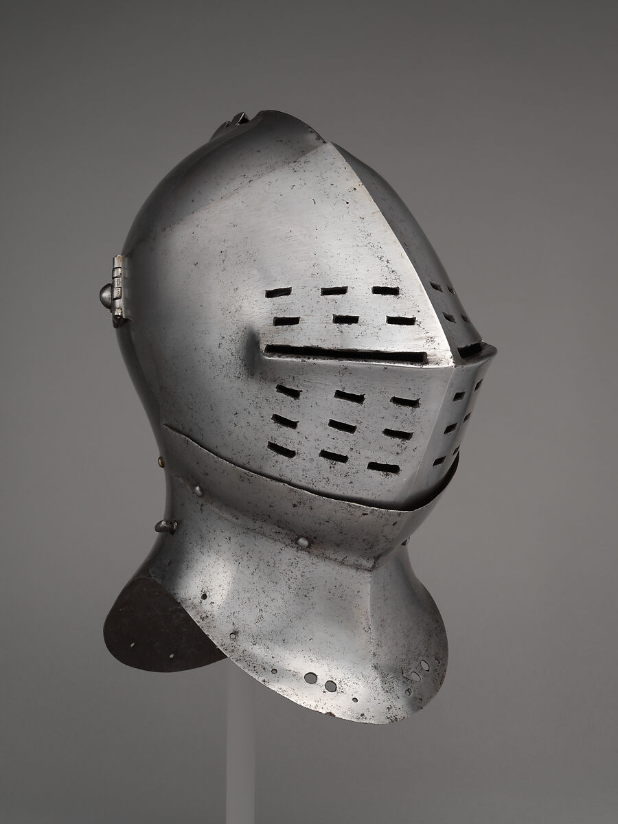 Foot-Combat Helm, Steel, leather, textile, copper alloy, possibly British or Flemish 