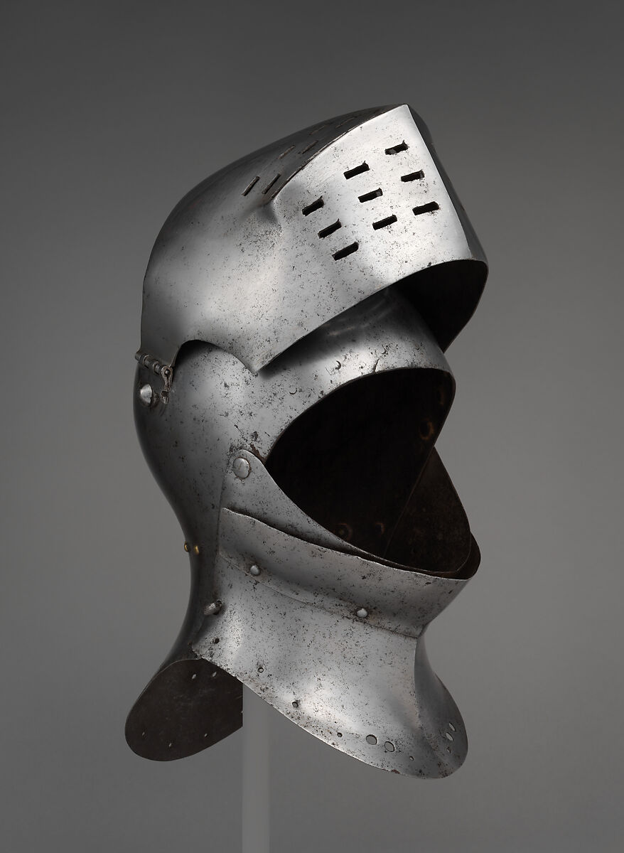 Foot-Combat Helm, Steel, leather, textile, copper alloy, possibly British or Flemish