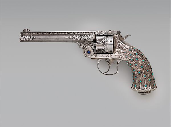 Smith and Wesson New Model No. 3, .44 Caliber Double-Action Navy Revolver, serial no. 23060, Smith &amp; Wesson (American, established 1852), Steel, silver, turquoise, lapis lazuli, American, Springfield, Massachusetts and New York