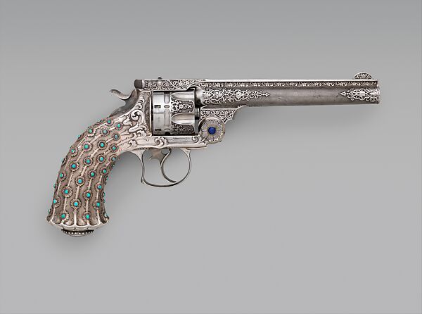 Smith and Wesson New Model No. 3, .44 Caliber Double-Action Navy Revolver, serial no. 23060, Smith &amp; Wesson (American, established 1852), Steel, silver, turquoise, lapis lazuli, American, Springfield, Massachusetts and New York 