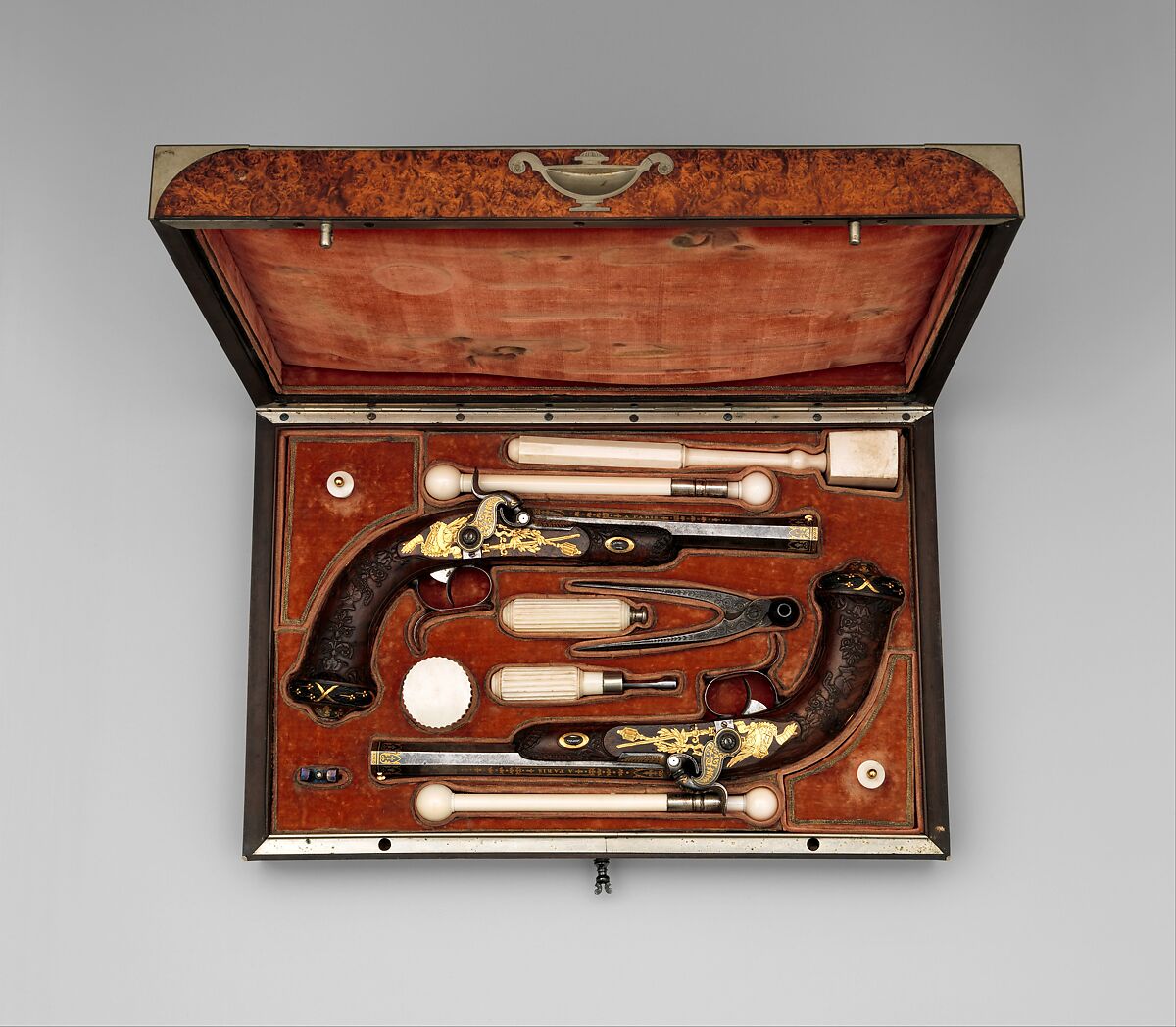 Cased Pair of Percussion Target Pistols with Loading and Cleaning Accessories, Made for Henri Charles Ferdinand Marie Dieudonné d'Artois, Duke of Bordeaux, Count of Chambord (1820–1883), Jean André Prosper Henri Le Page (French, 1792–1854), Steel, gold, wood (ebony, walnut, amboyna), silver, velvet, ivory, French, Paris