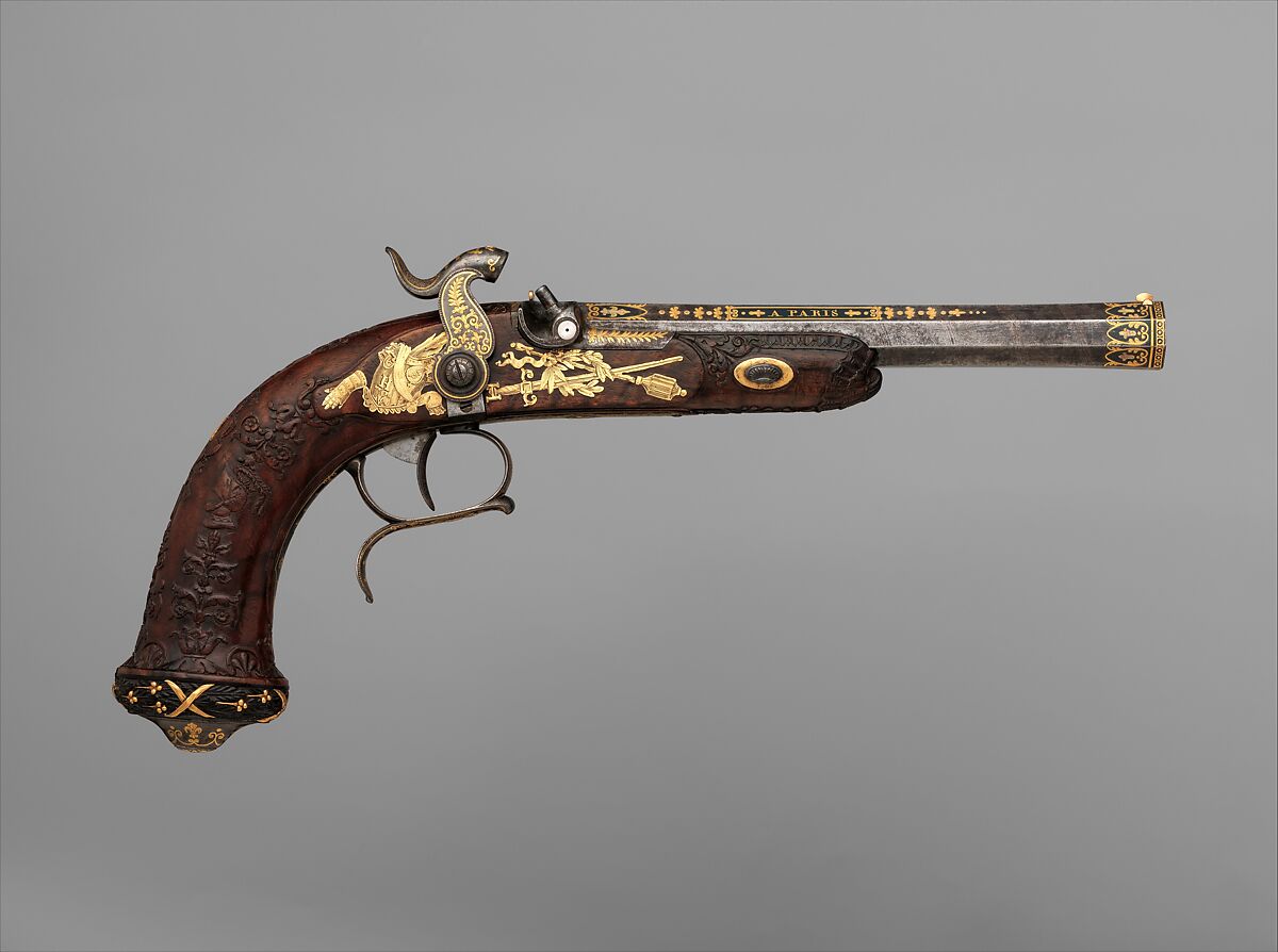 Cased Pair of Percussion Target Pistols with Loading and Cleaning Accessories, Made for Henri Charles Ferdinand Marie Dieudonné d'Artois, Duke of Bordeaux, Count of Chambord (1820–1883), Jean André Prosper Henri Le Page (French, 1792–1854), Steel, gold, wood (ebony, walnut, amboyna), silver, velvet, ivory, French, Paris