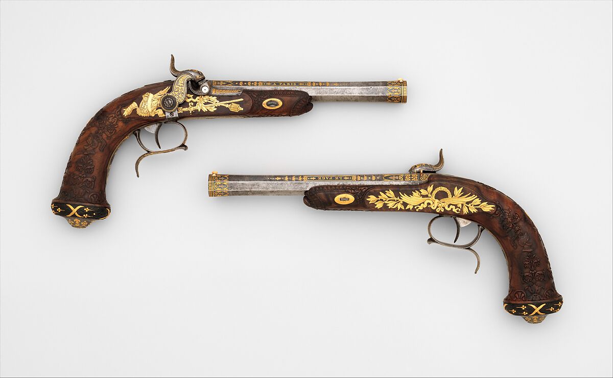 Cased Pair of Percussion Target Pistols with Loading and Cleaning Accessories, Made for Henri Charles Ferdinand Marie Dieudonné d'Artois, Duke of Bordeaux, Count of Chambord (1820–1883), Jean André Prosper Henri Le Page (French, 1792–1854), Steel, gold, wood (ebony, walnut, amboyna), silver, velvet, ivory, French, Paris 