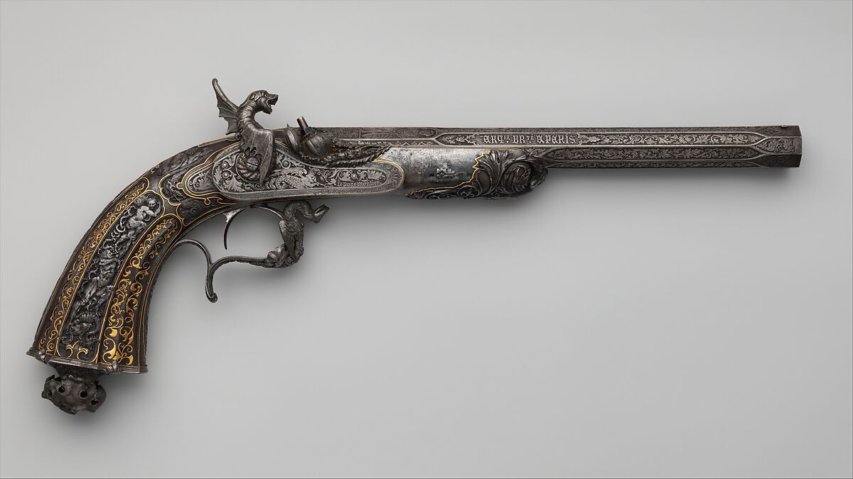 Percussion Exhibition Pistol, Signed by Gilles Michel Louis Moutier-Le Page (French,  1810–1887), Steel, gold, French, Paris 