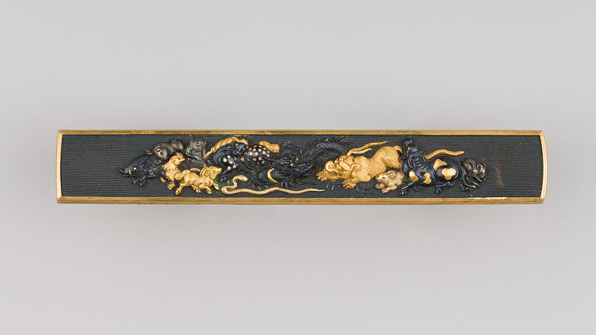 Knife Handle (Kozuka), Copper-gold alloy (shakudō), gold, silver, copper-silver alloy (shibuichi), Japanese 