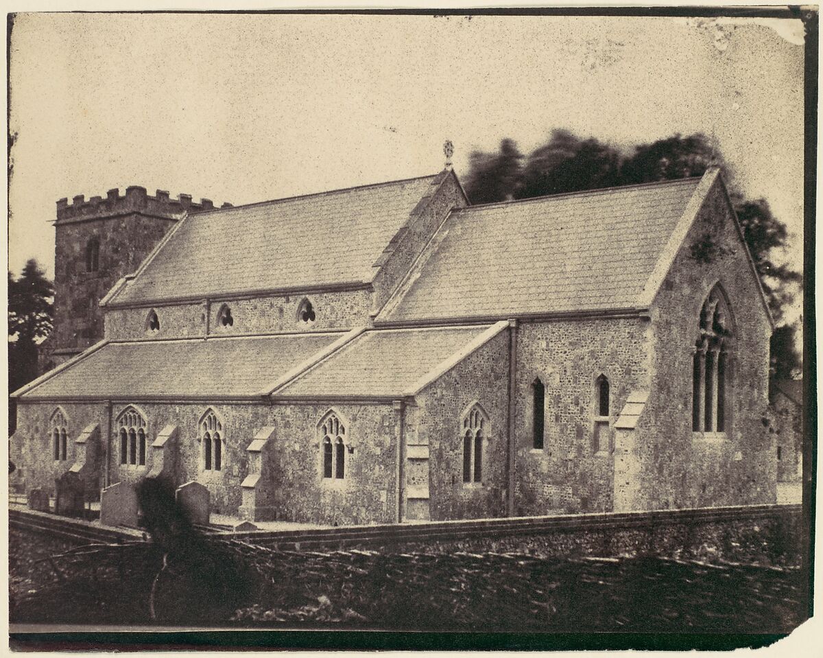 [St. Cyriac Church at Lacock Abbey, Ghost Figure of Man in a Top Hat in Foreground], Unknown (British), Salted paper print from paper negative 